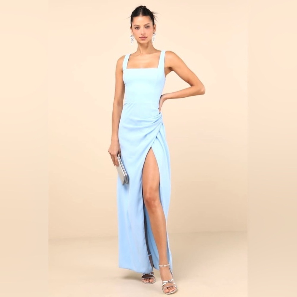 Lulus Women Glamorous Disposition Ruched Maxi Dress Blue Basic Sleeved NWT M